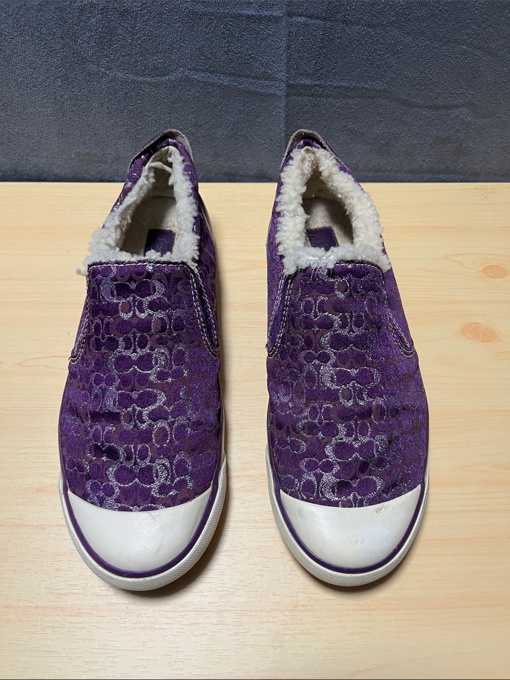 Coach Beale Shearling Slip-On Sneakers Signature C Women's Size 9B Logo Purple